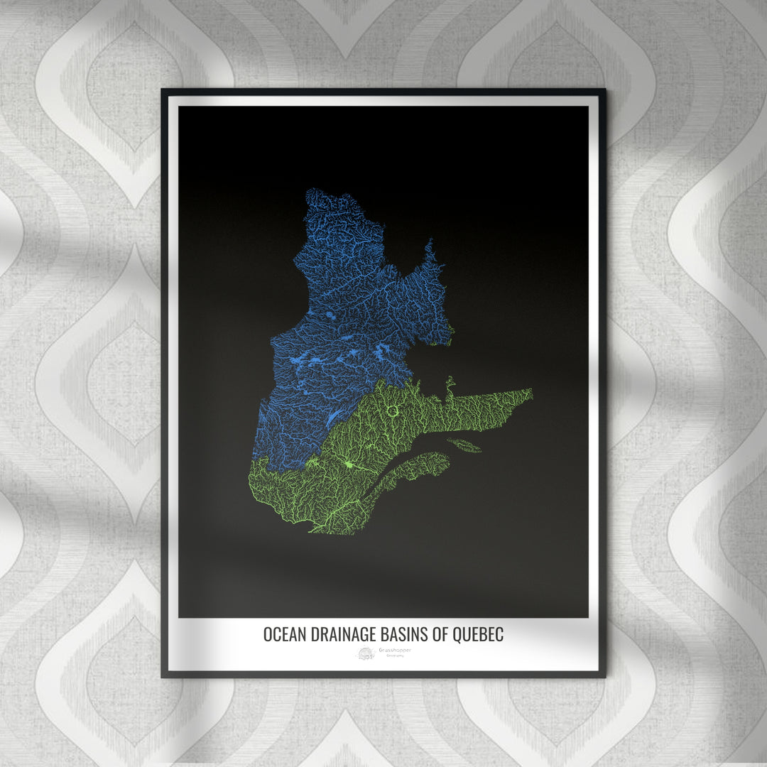 Quebec - Mapa de la cuenca hidrográfica del océano, negro v1 - Impresión fotográfica