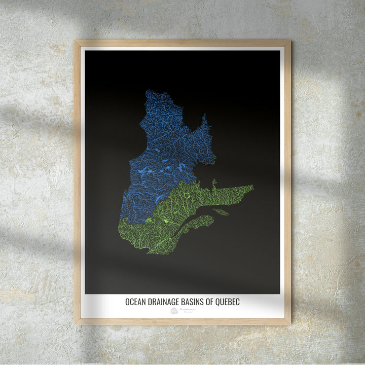 Québec - Carte des bassins hydrographiques océaniques, noir v1 - Tirage d'art