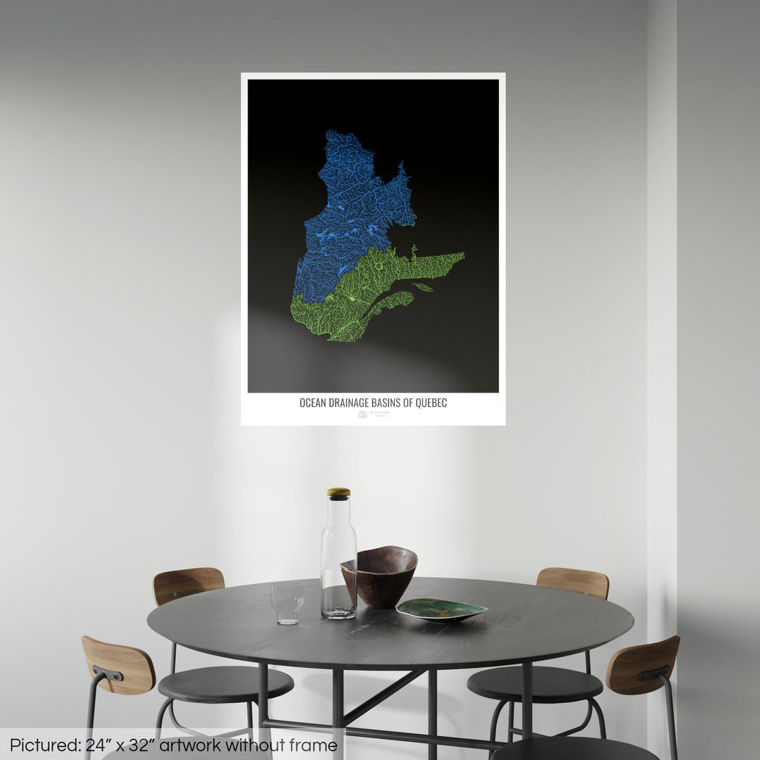 Quebec – Karte des Einzugsgebiets des Ozeans, schwarz v1 – Fotokunstdruck