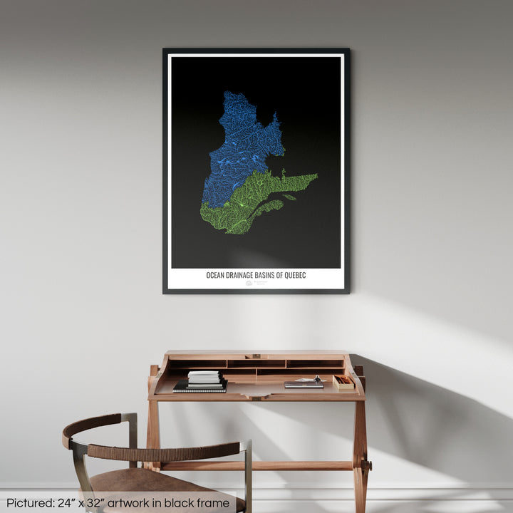 Quebec - Mapa de la cuenca hidrográfica del océano, negro v1 - Lámina enmarcada
