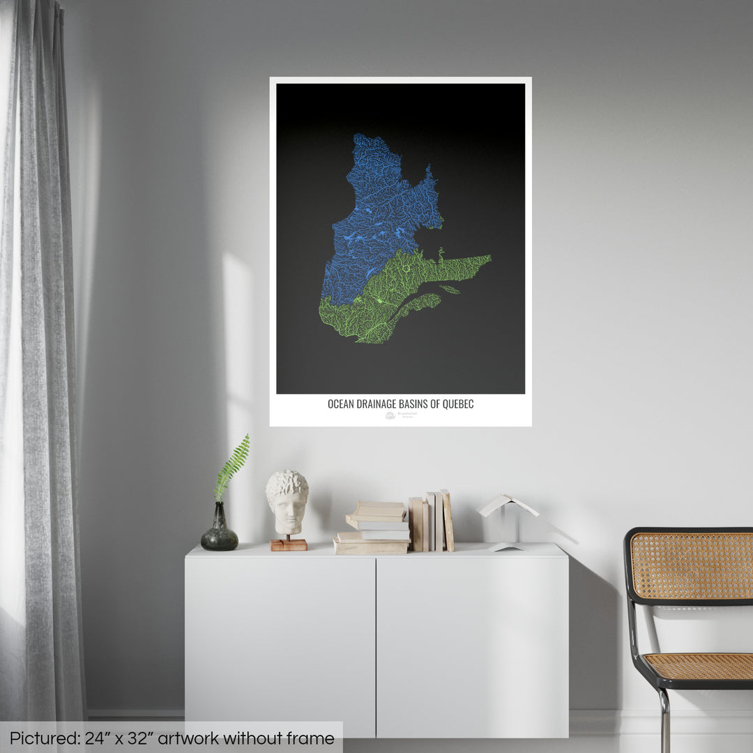 Quebec - Mapa de la cuenca hidrográfica del océano, negro v1 - Impresión de bellas artes
