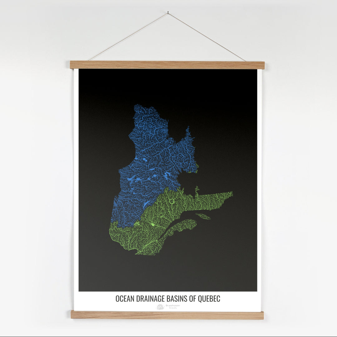 Quebec - Mapa de la cuenca hidrográfica del océano, negro v1 - Impresión artística con colgador