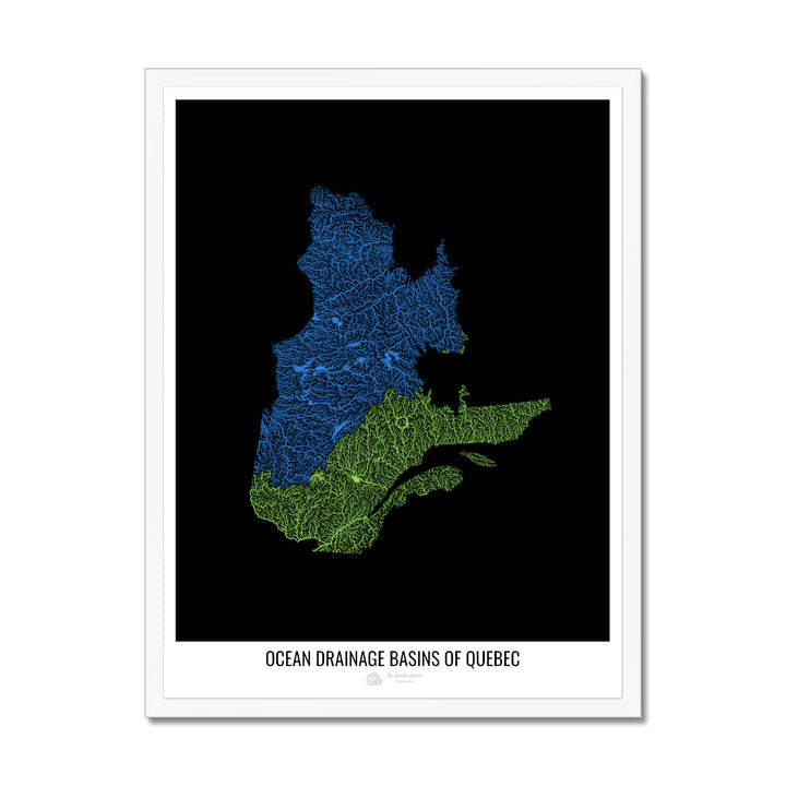 Quebec - Ocean drainage basin map, black v1 - Framed Print
