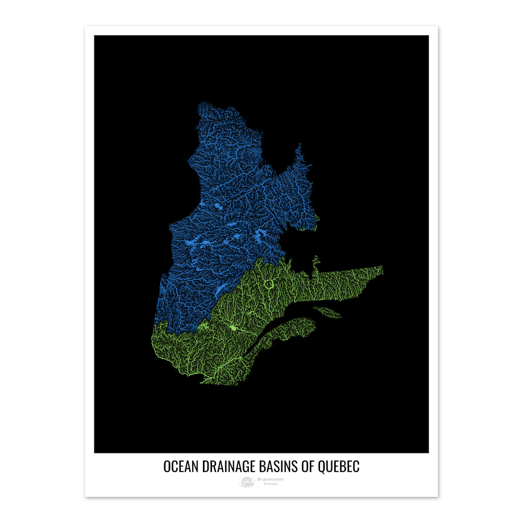 Québec - Carte des bassins hydrographiques océaniques, noir v1 - Tirage d'art photo