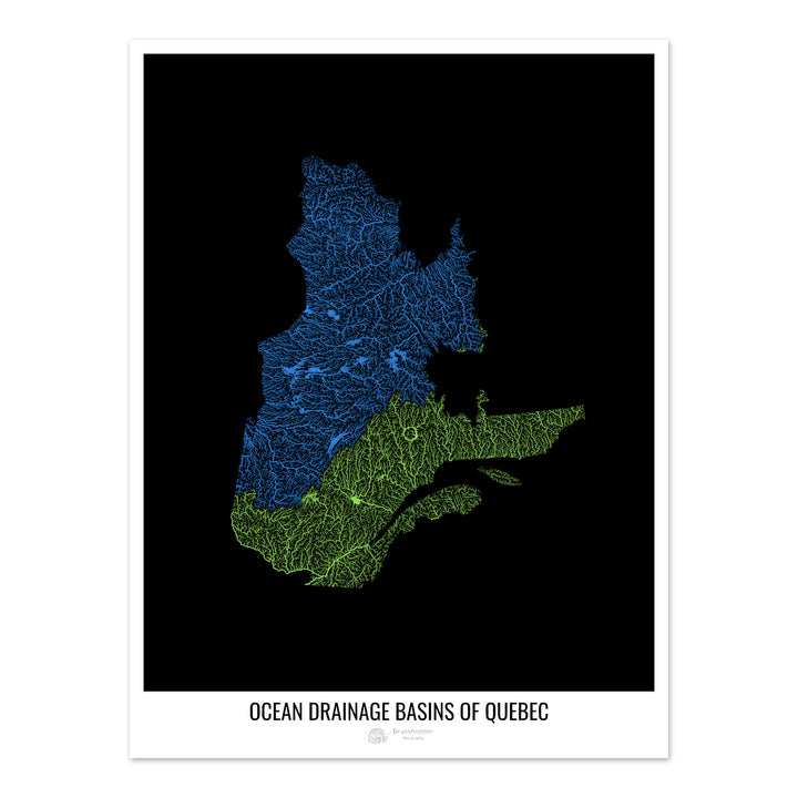 Quebec – Karte des Einzugsgebiets des Ozeans, schwarz v1 – Fotokunstdruck