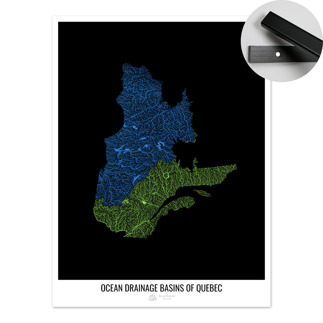 Quebec - Mapa de la cuenca hidrográfica del océano, negro v1 - Impresión artística con colgador