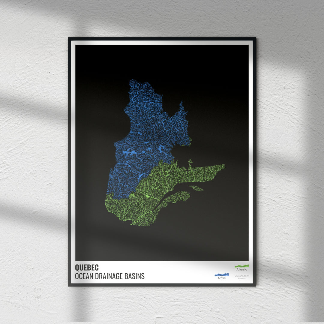 Québec - Carte des bassins hydrographiques océaniques, noire avec légende v1 - Tirage d'art photo