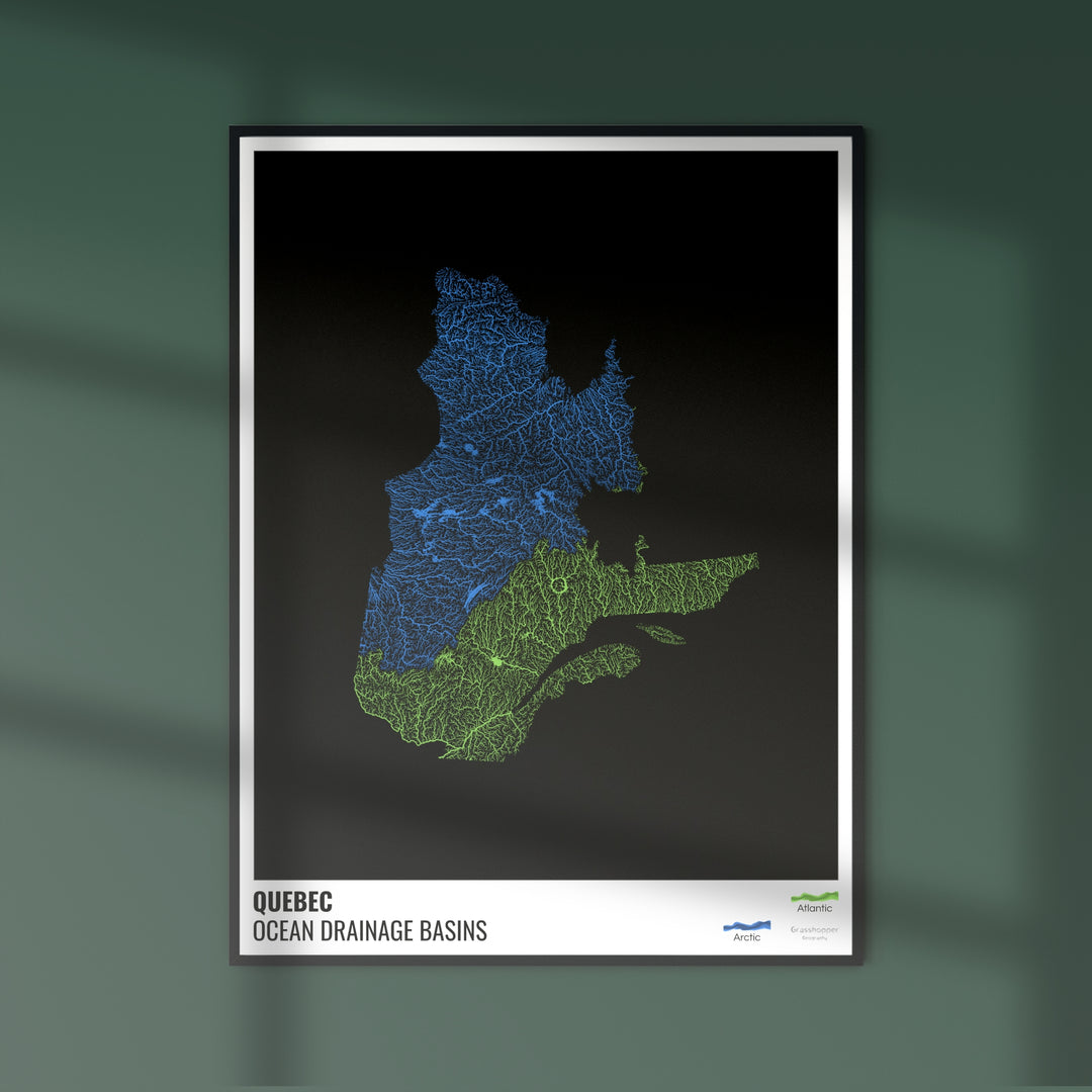 Quebec - Mapa de la cuenca hidrográfica del océano, negro con leyenda v1 - Impresión de bellas artes