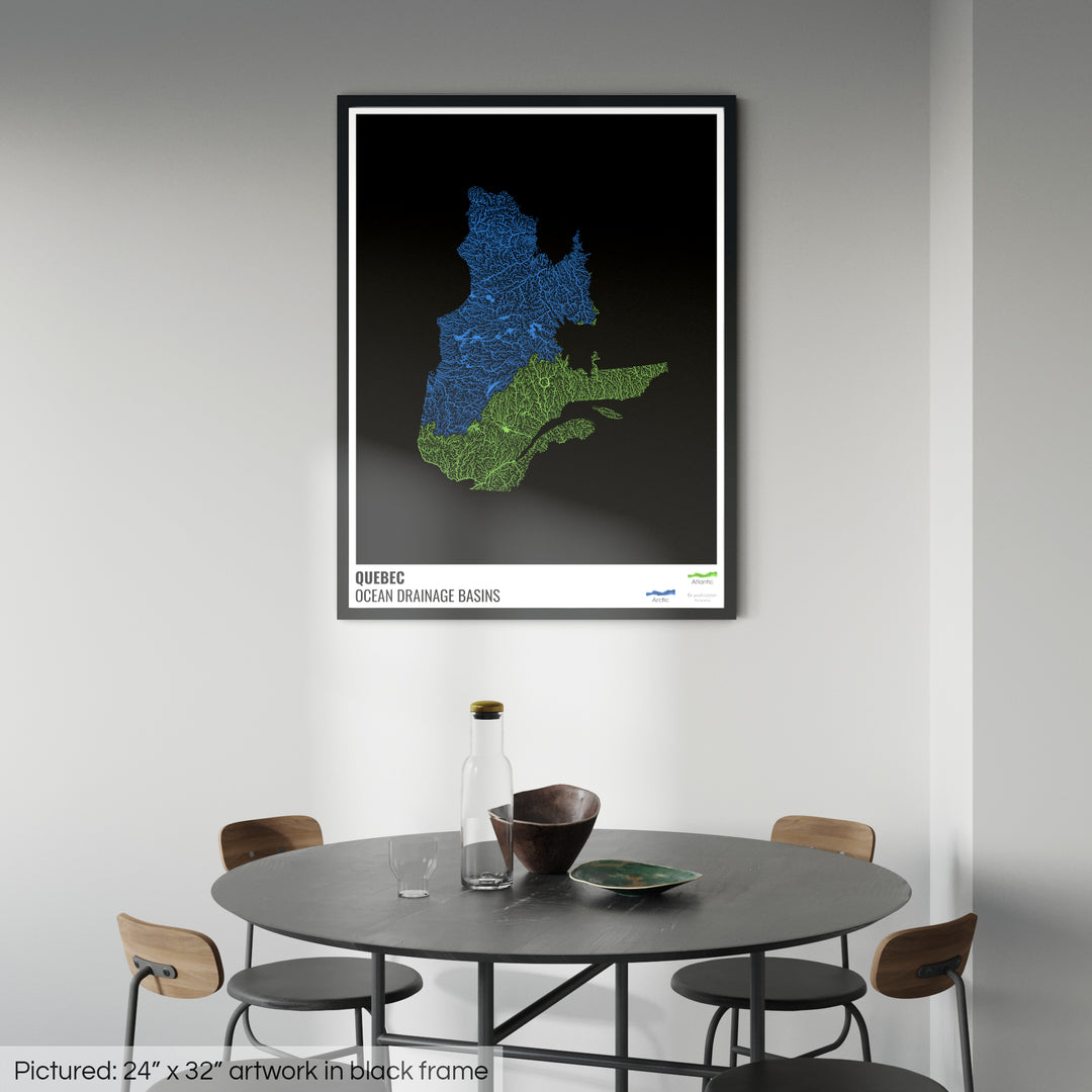 Quebec - Ocean drainage basin map, black with legend v1 - Framed Print