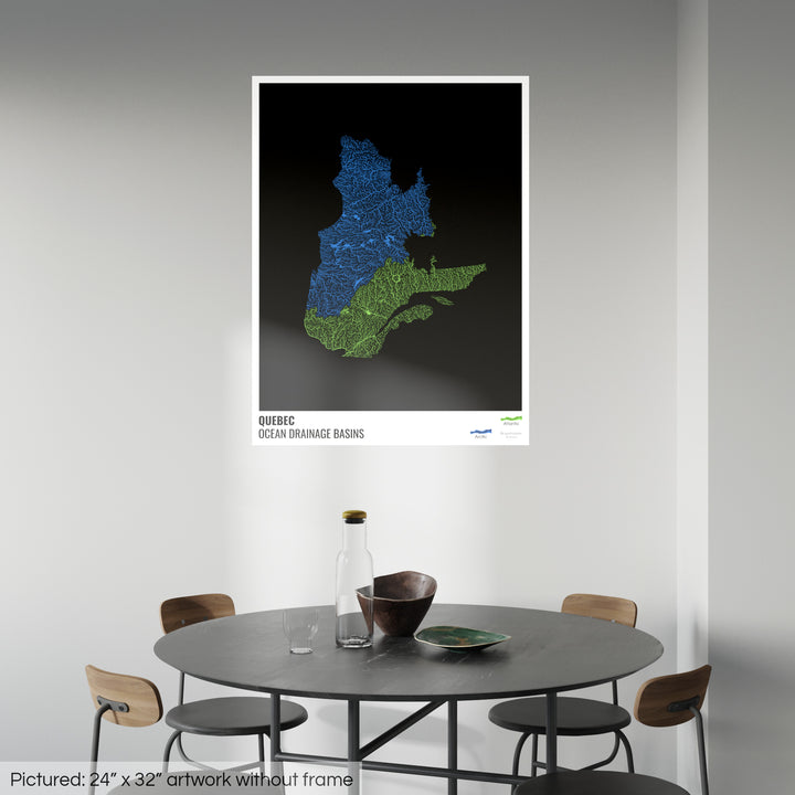 Quebec - Mapa de la cuenca hidrográfica del océano, negro con leyenda v1 - Impresión de bellas artes