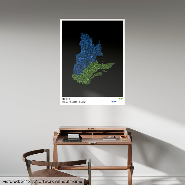 Québec - Carte des bassins hydrographiques océaniques, noire avec légende v1 - Tirage d'art photo