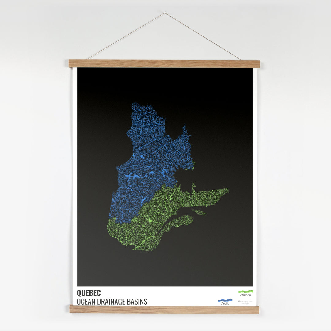 Quebec - Mapa de la cuenca hidrográfica del océano, negro con leyenda v1 - Impresión artística con colgador