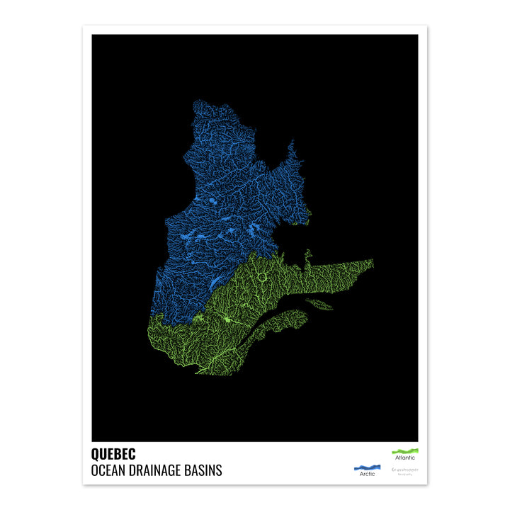 Quebec - Mapa de la cuenca hidrográfica del océano, negro con leyenda v1 - Impresión de bellas artes