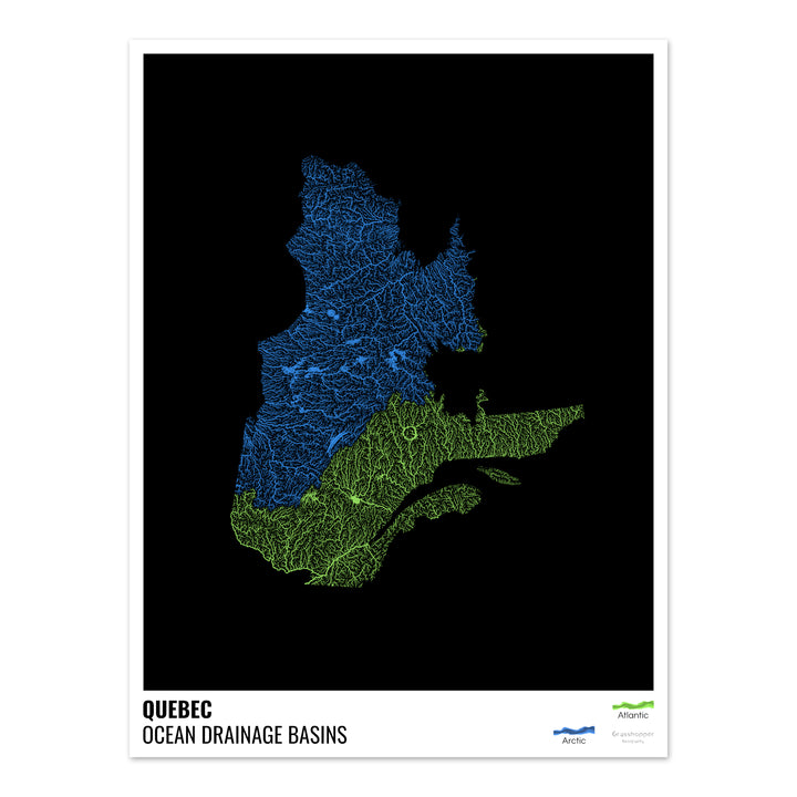 Quebec - Mapa da bacia de drenagem oceânica, preto com legenda v1 - Impressão de belas artes