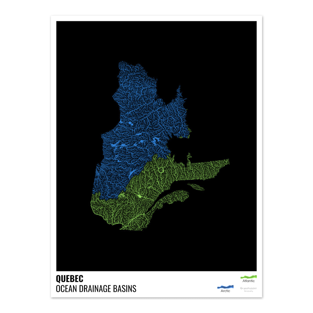 Quebec - Mapa de la cuenca hidrográfica del océano, negro con leyenda v1 - Impresión fotográfica