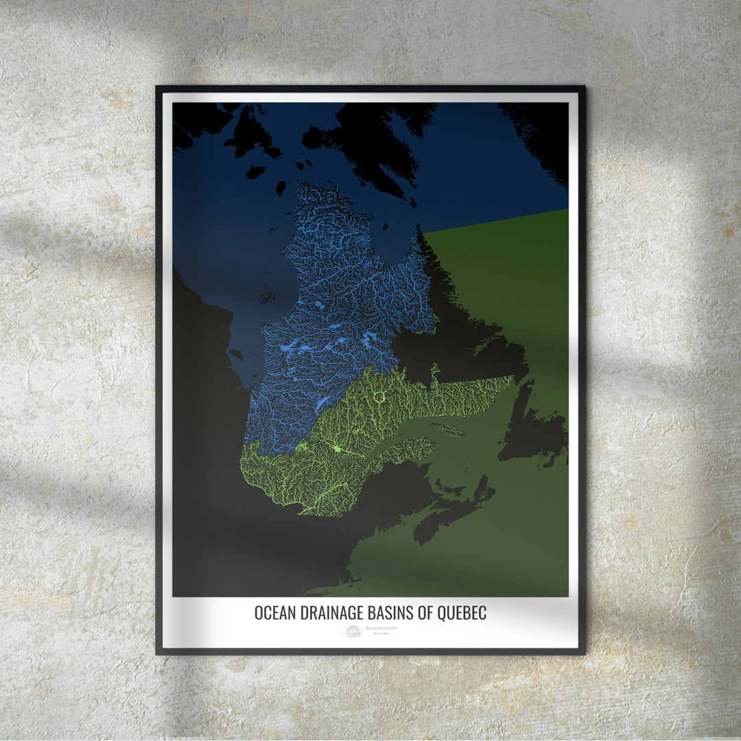 Quebec - Ocean drainage basin map, black v2 - Fine Art Print