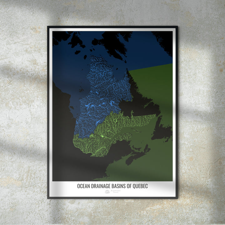 Québec - Carte des bassins hydrographiques océaniques, noir v2 - Tirage d'art
