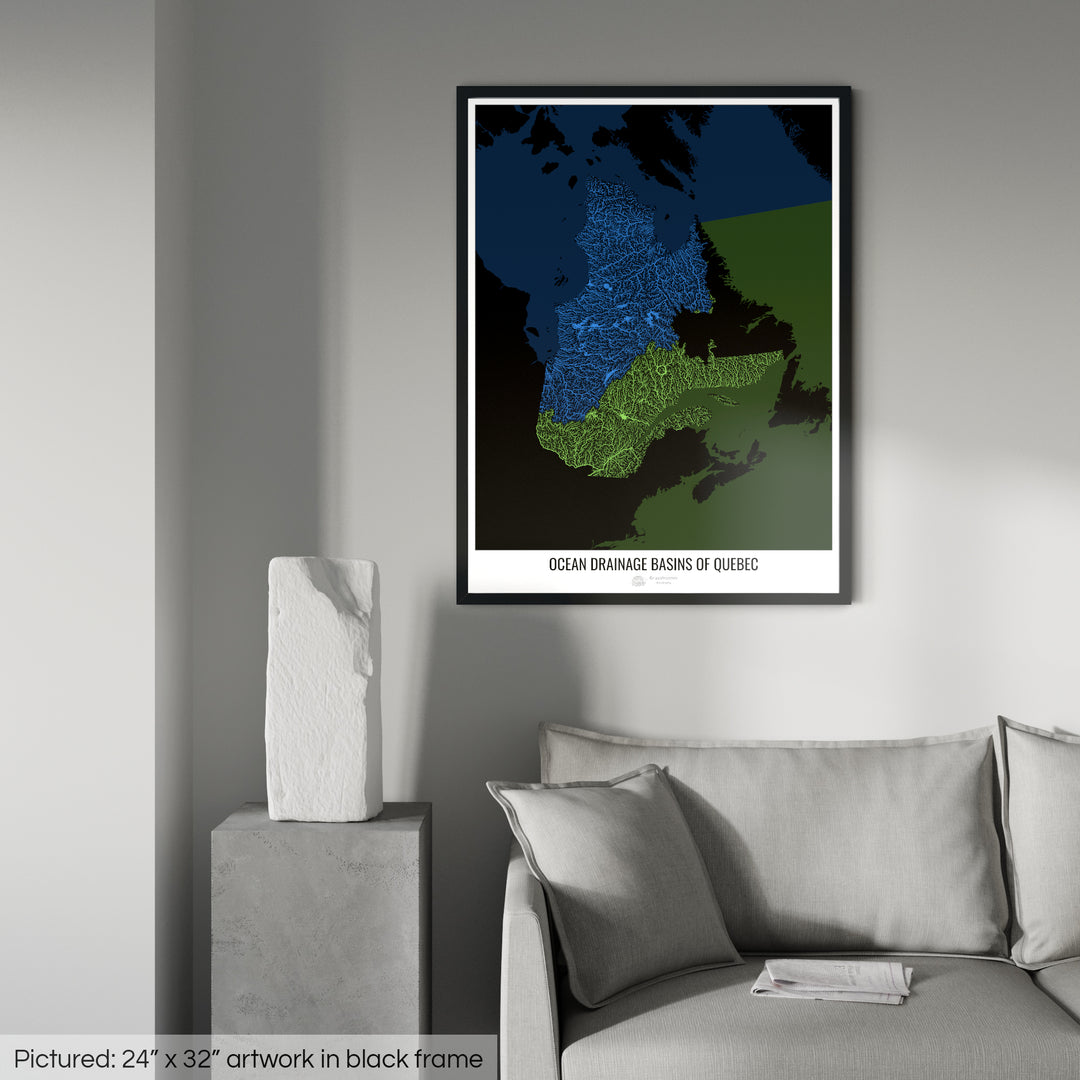 Quebec - Mapa de la cuenca hidrográfica del océano, negro v2 - Lámina enmarcada
