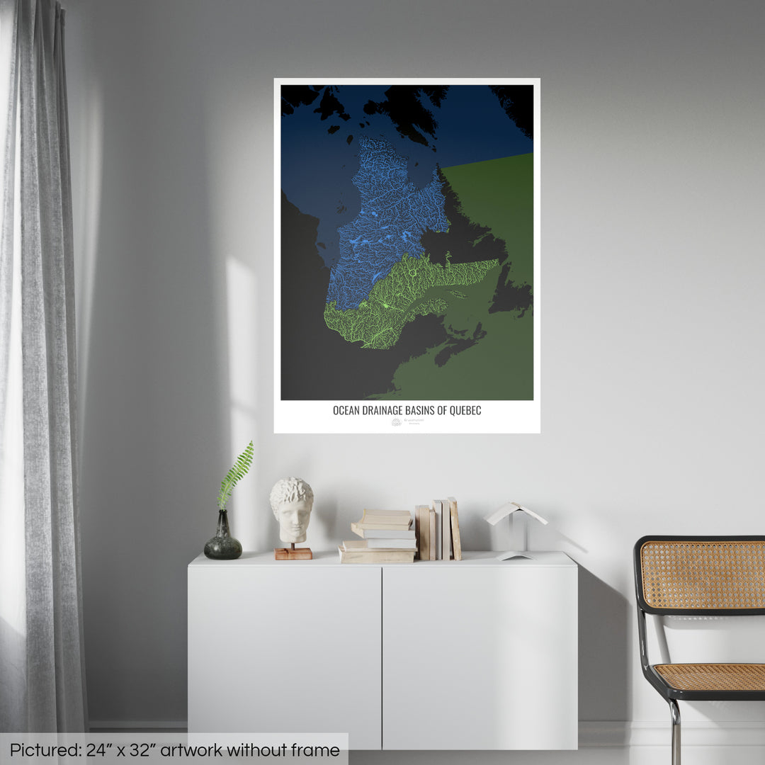 Quebec - Mapa de la cuenca hidrográfica del océano, negro v2 - Impresión fotográfica