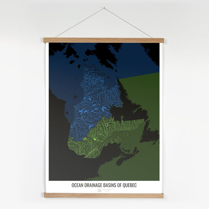 Quebec - Mapa de la cuenca hidrográfica del océano, negro v2 - Impresión artística con colgador