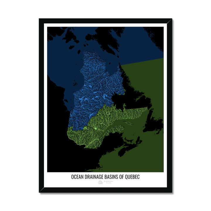 Quebec - Mapa de la cuenca hidrográfica del océano, negro v2 - Lámina enmarcada