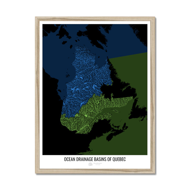 Quebec - Ocean drainage basin map, black v2 - Framed Print