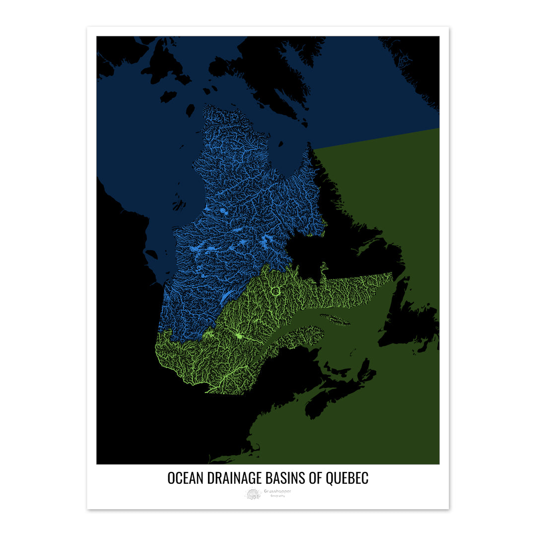 Quebec - Karte des Meereseinzugsgebiets, schwarz v2 - Fine Art Print