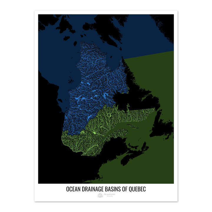 Québec - Carte des bassins hydrographiques océaniques, noir v2 - Tirage d'art