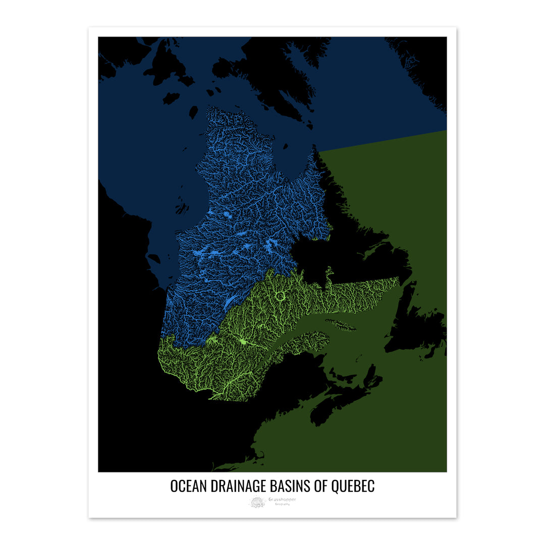 Québec - Carte des bassins hydrographiques océaniques, noir v2 - Tirage d'art photo
