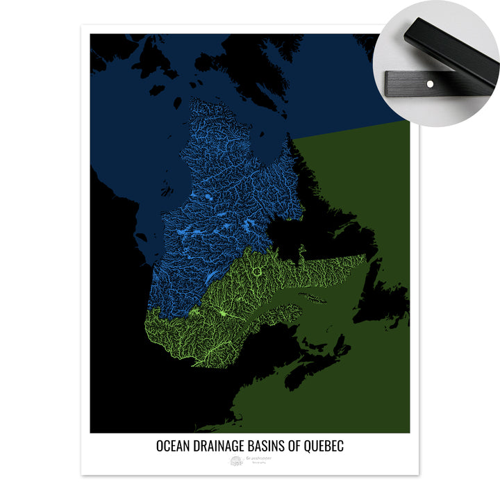Quebec - Ocean drainage basin map, black v2 - Fine Art Print with Hanger