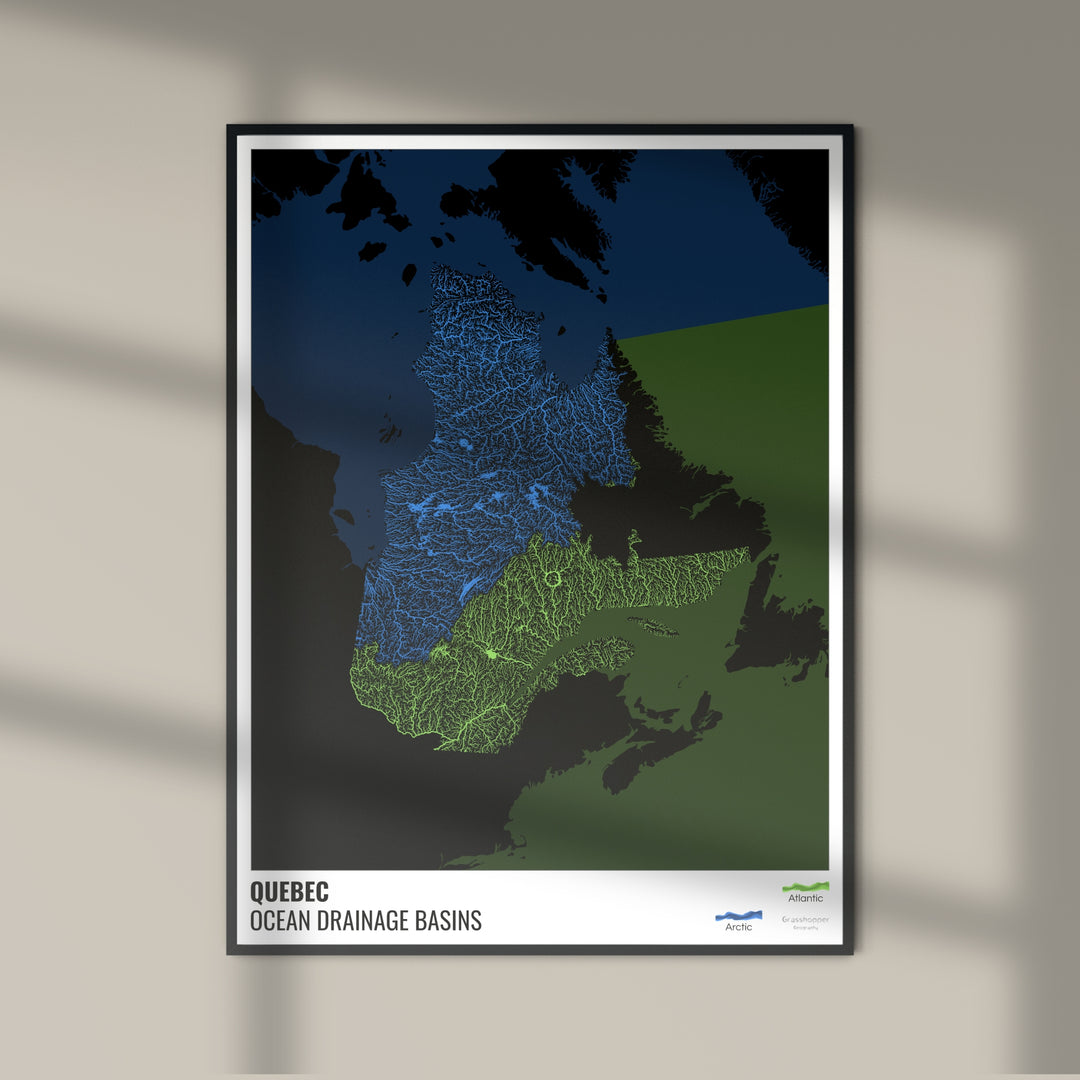Quebec - Mapa de la cuenca hidrográfica del océano, negro con leyenda v2 - Impresión fotográfica