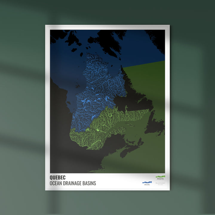 Quebec - Ocean drainage basin map, black with legend v2 - Fine Art Print