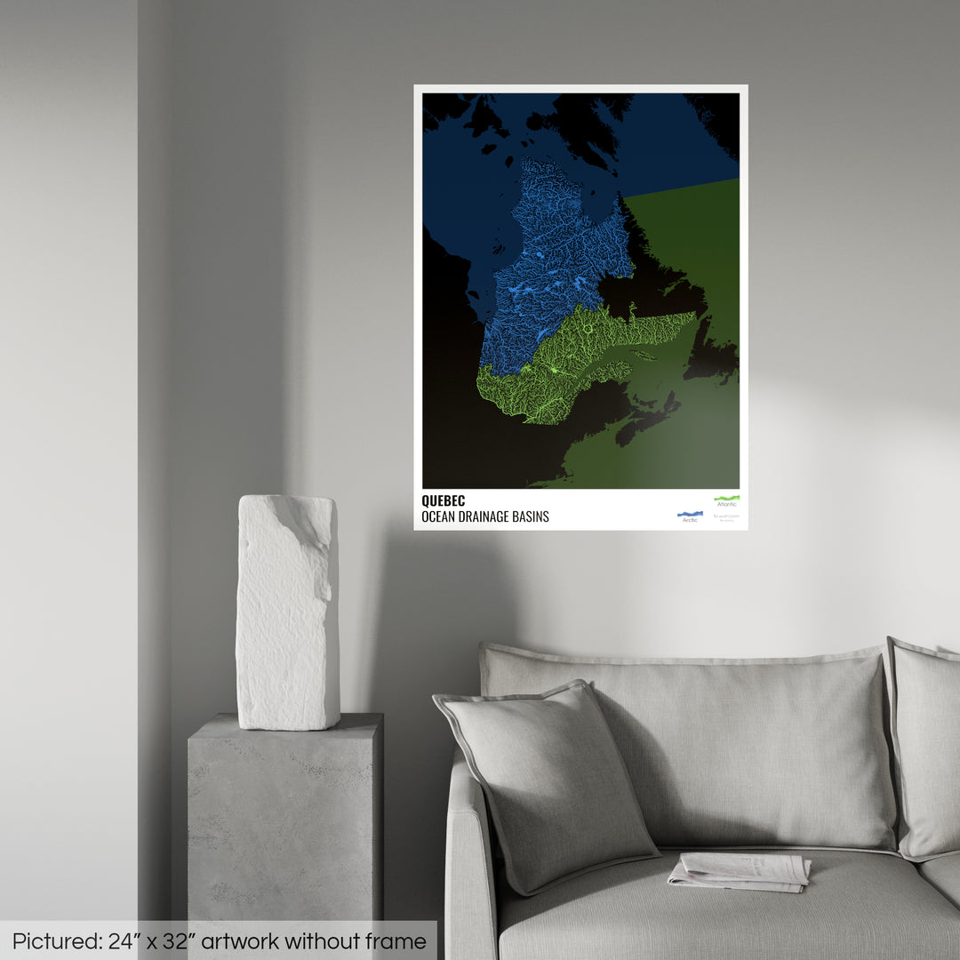 Quebec - Mapa de la cuenca hidrográfica del océano, negro con leyenda v2 - Impresión fotográfica