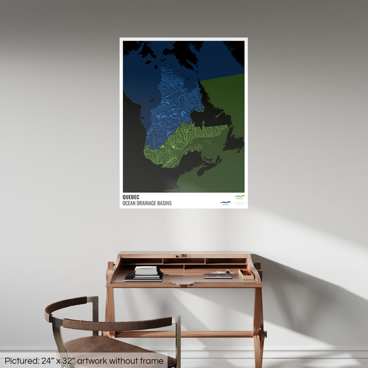 Quebec - Mapa de la cuenca hidrográfica del océano, negro con leyenda v2 - Impresión de bellas artes