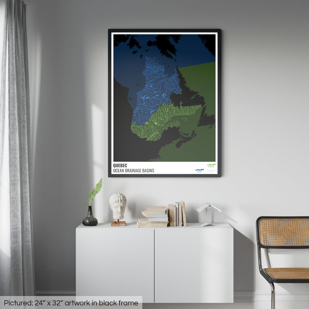 Québec - Carte des bassins hydrographiques océaniques, noire avec légende v2 - Impression encadrée