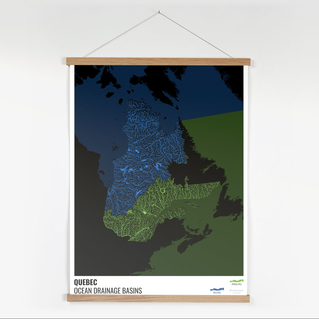 Quebec - Mapa de la cuenca hidrográfica del océano, negro con leyenda v2 - Impresión artística con colgador