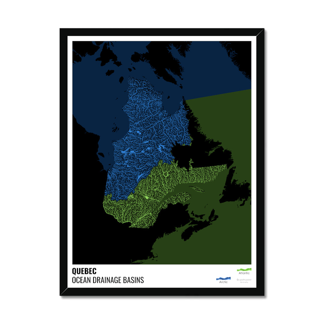 Québec - Carte des bassins hydrographiques océaniques, noire avec légende v2 - Impression encadrée