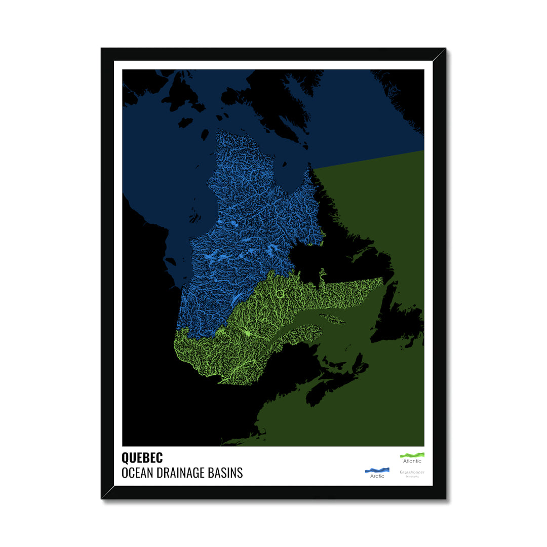 Quebec - Ocean drainage basin map, black with legend v2 - Framed Print