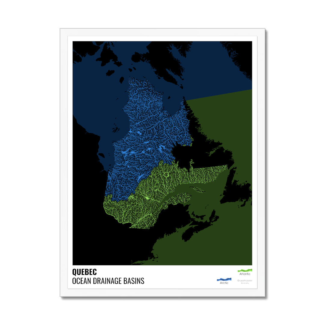 Quebec - Mapa de la cuenca hidrográfica del océano, negro con leyenda v2 - Lámina enmarcada