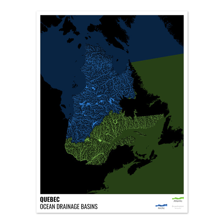 Quebec - Ocean drainage basin map, black with legend v2 - Fine Art Print
