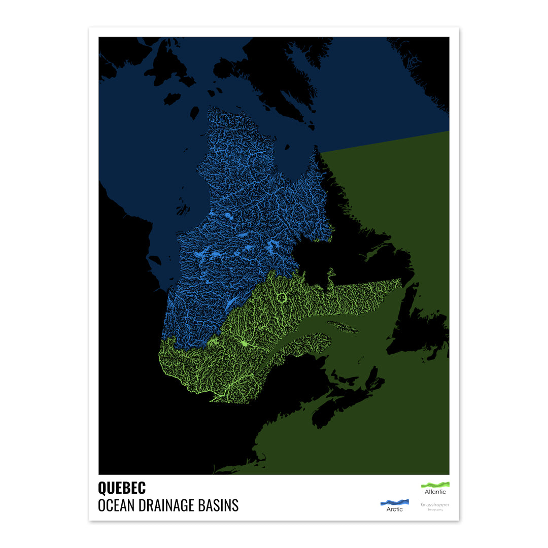 Quebec - Mapa de la cuenca hidrográfica del océano, negro con leyenda v2 - Impresión de bellas artes