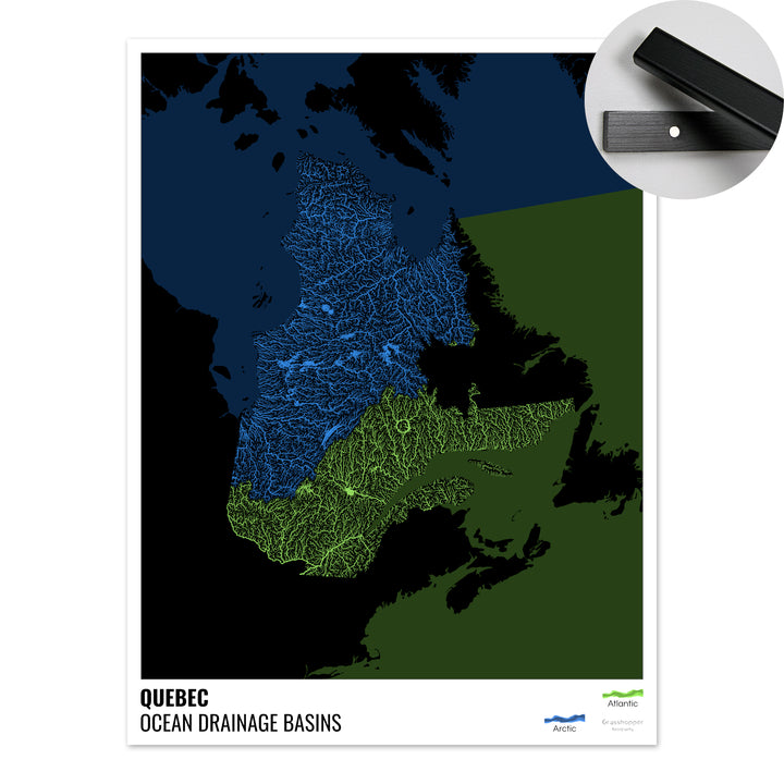 Quebec - Ocean drainage basin map, black with legend v2 - Fine Art Print with Hanger