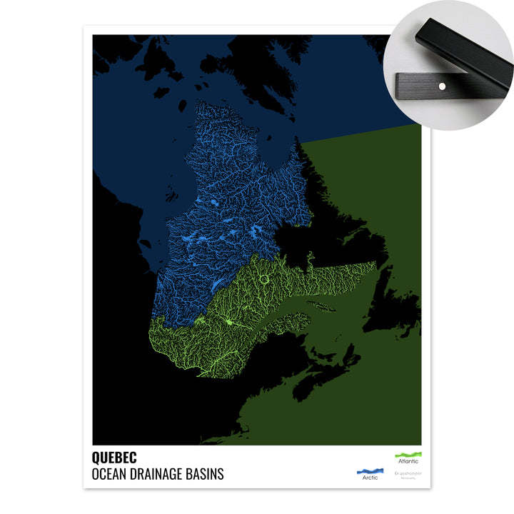 Quebec - Mapa de la cuenca hidrográfica del océano, negro con leyenda v2 - Impresión artística con colgador