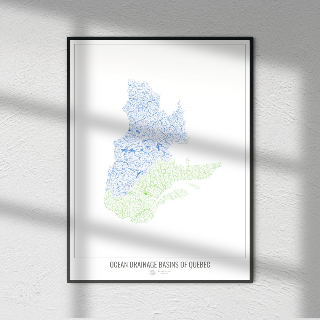 Quebec - Mapa de la cuenca hidrográfica del océano, blanco v1 - Impresión de bellas artes