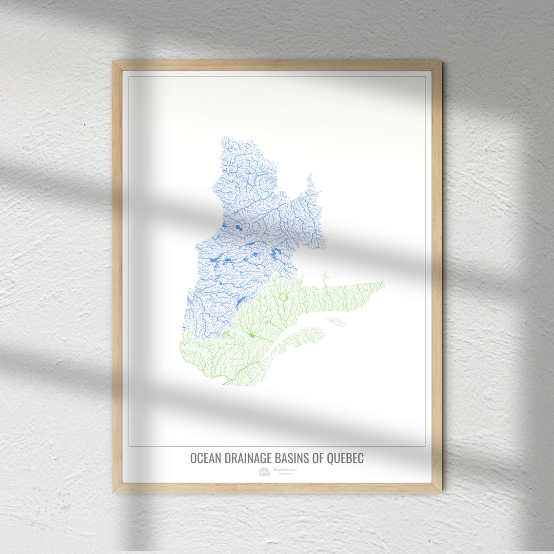 Québec - Carte des bassins versants océaniques, blanc v1 - Tirage d'art photo