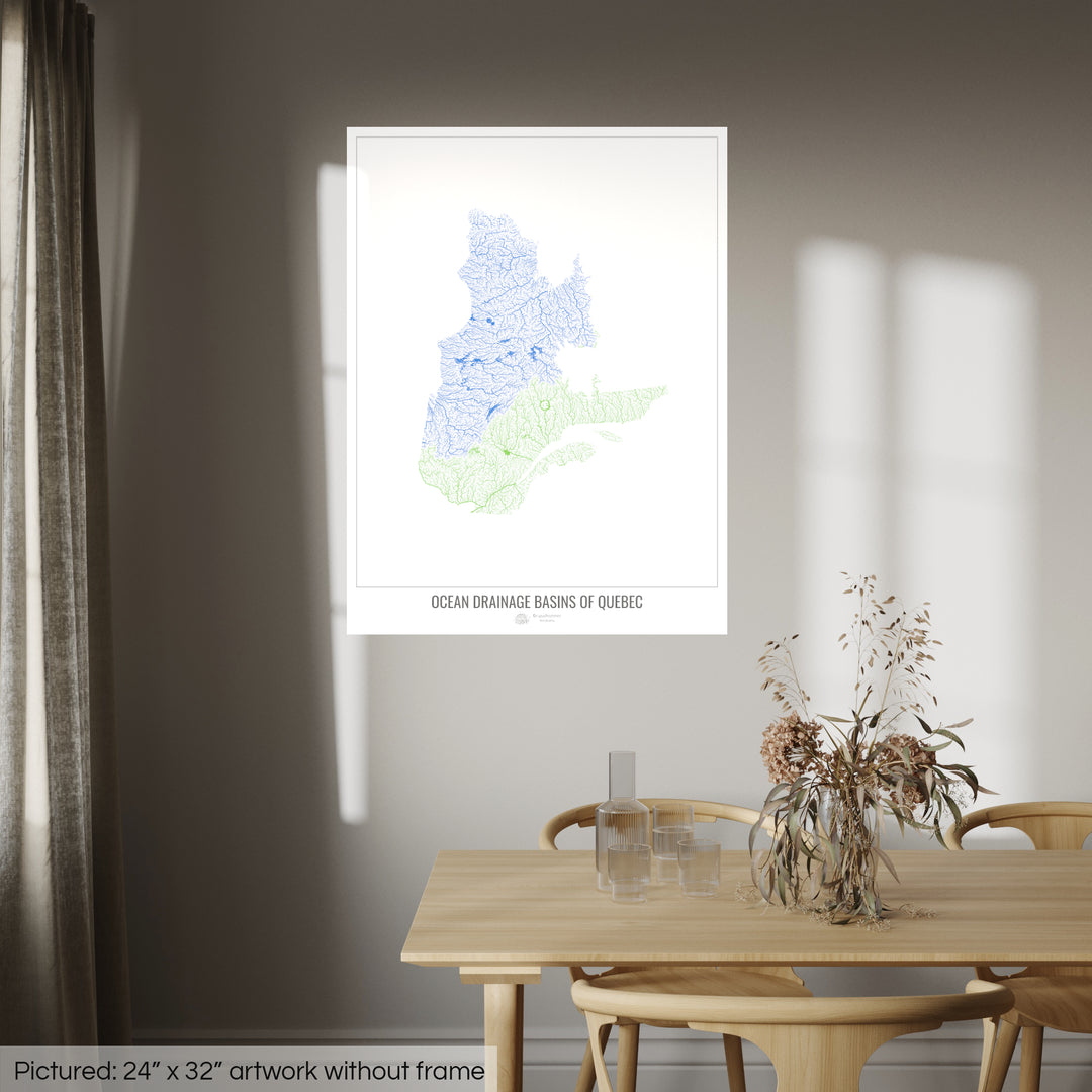 Québec - Carte des bassins versants océaniques, blanc v1 - Tirage d'art photo