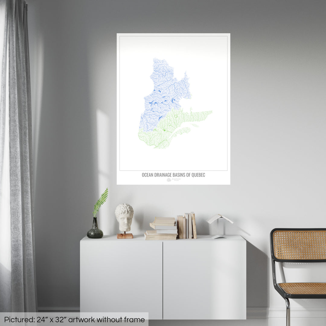 Quebec - Mapa de la cuenca hidrográfica del océano, blanco v1 - Impresión de bellas artes