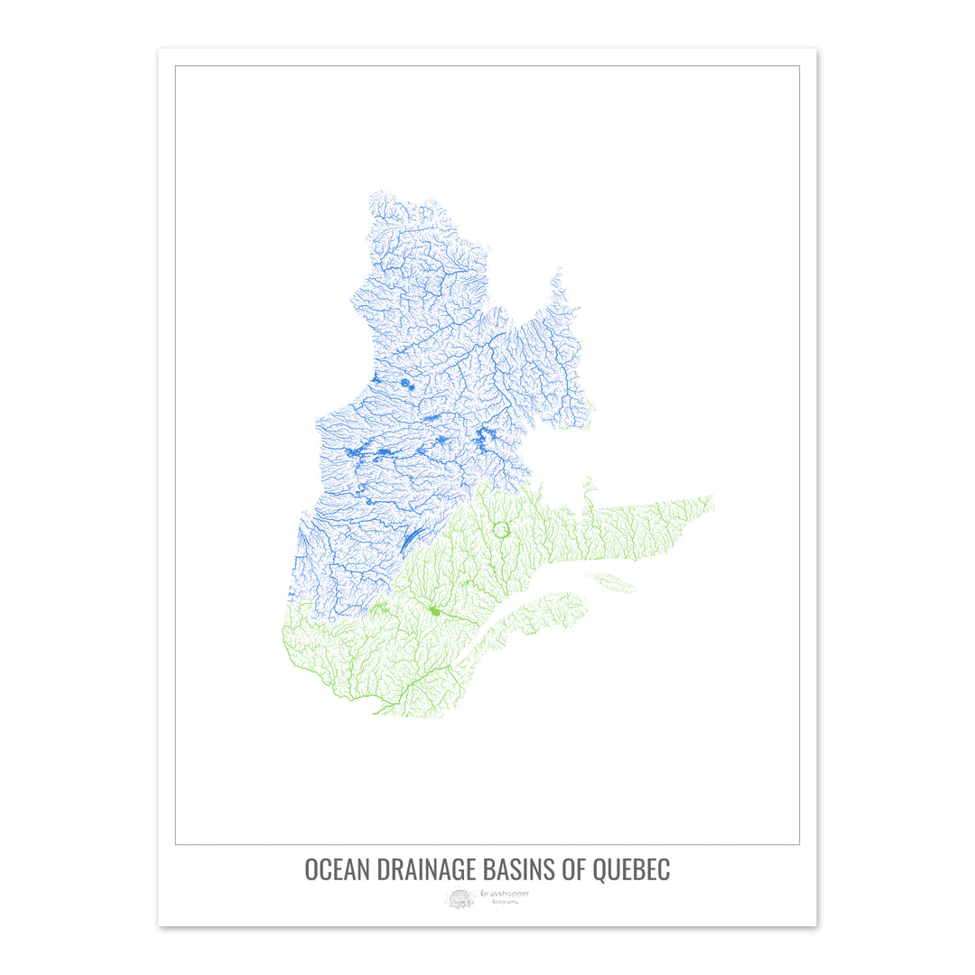 Quebec - Mapa de la cuenca hidrográfica del océano, blanco v1 - Impresión de bellas artes