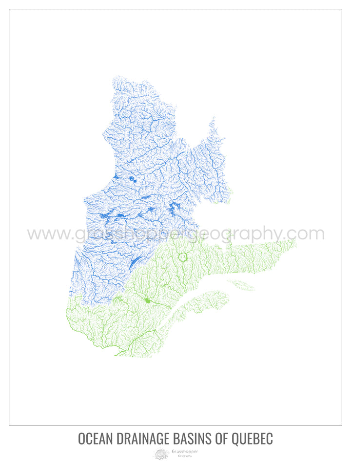 Québec - Carte des bassins versants océaniques, blanc v1 - Tirage d'art photo