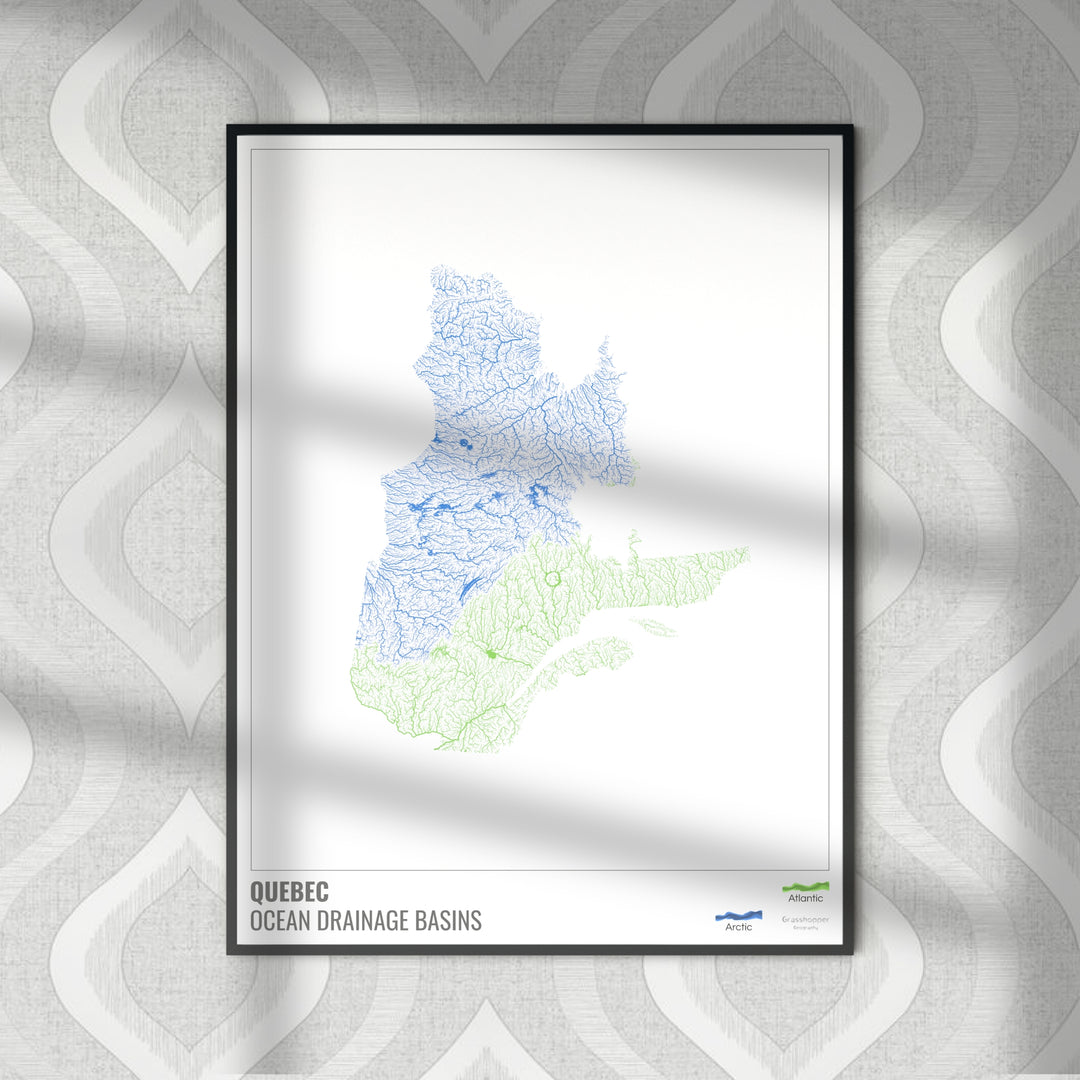 Québec - Carte des bassins versants océaniques, blanche avec légende v1 - Tirage d'art photo